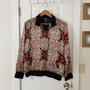 100% Silk Vintage Notations Women's Animal Print Leopard Bomber Jacket Size XL